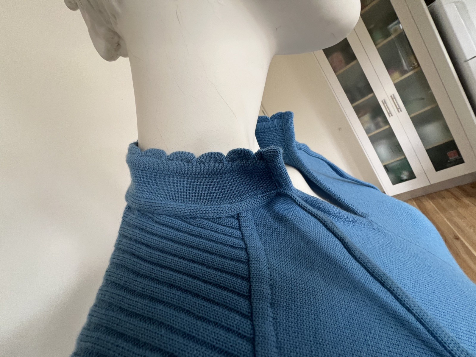 Vintage 60s 70s Le Donna Sky Blue 100% Wool Knit Stretch Belted Dress Hong Kong
