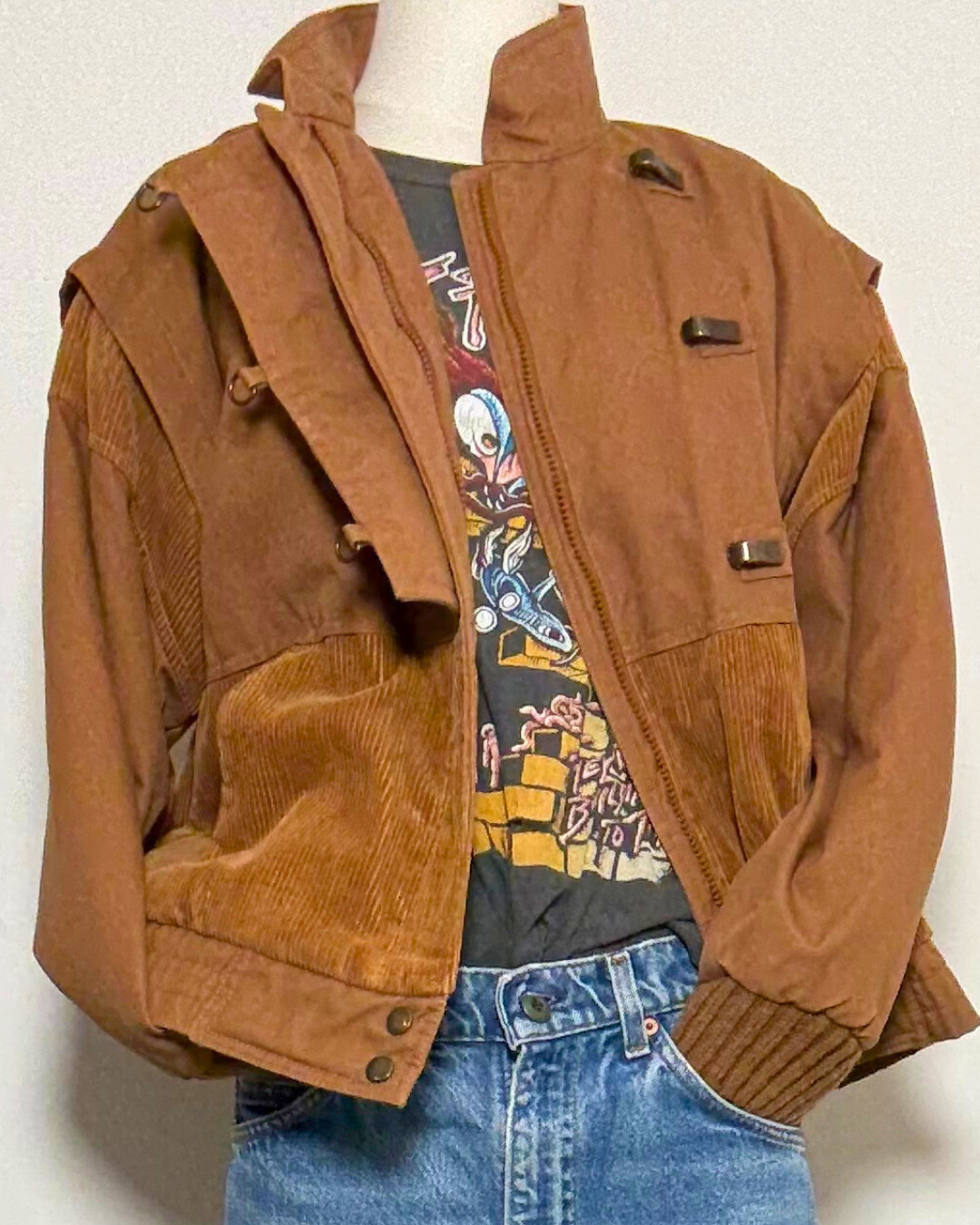 Vintage 80s J Gallery Cropped Bomber Jacket Canvas Corduroy Brown Streetwear S