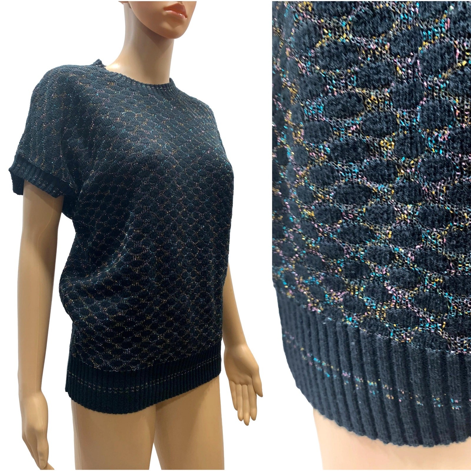 70s Kenneth Too Black Metallic Knit Sweater Top | Rainbow Lurex Vest XS/S