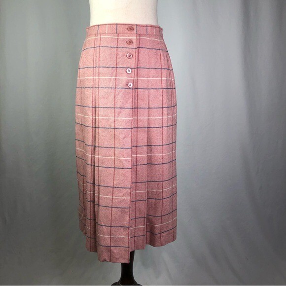 VINTAGE the Wyndham Collection pink herringbone plaid wool midi skirt 12