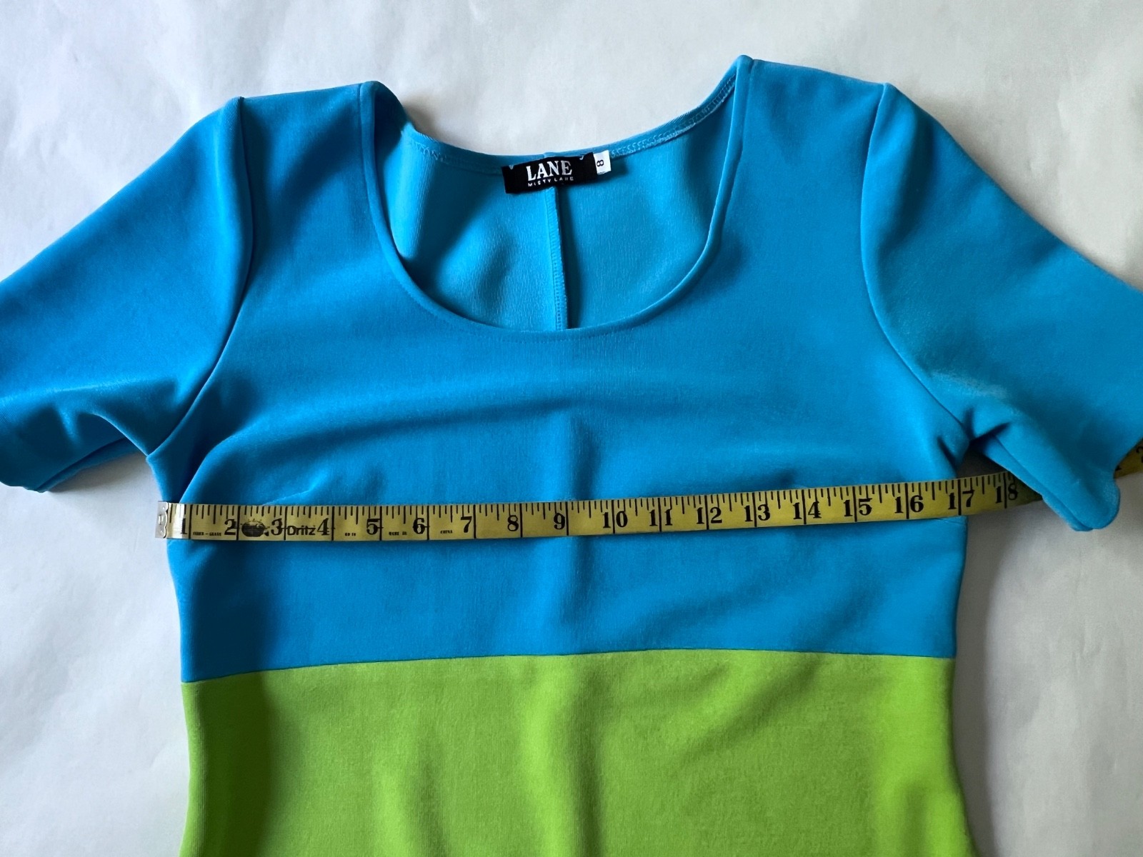 VTG 90’s Lane Misty Lane Blue Green Short Sleeve Color Block Bodycon Dress SZ 8