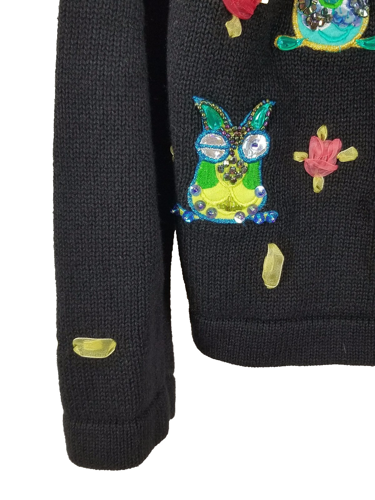 JACK B QUICK Vtg long sleeved black multi-colored Owl beaded design Sweater Sz S