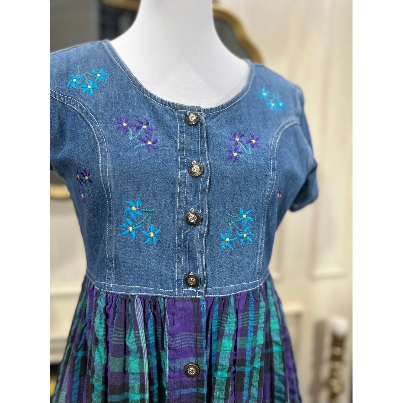 Jane Ashley Denim Plaid Dress size M Vintage Cottagecore Grannycore Boho