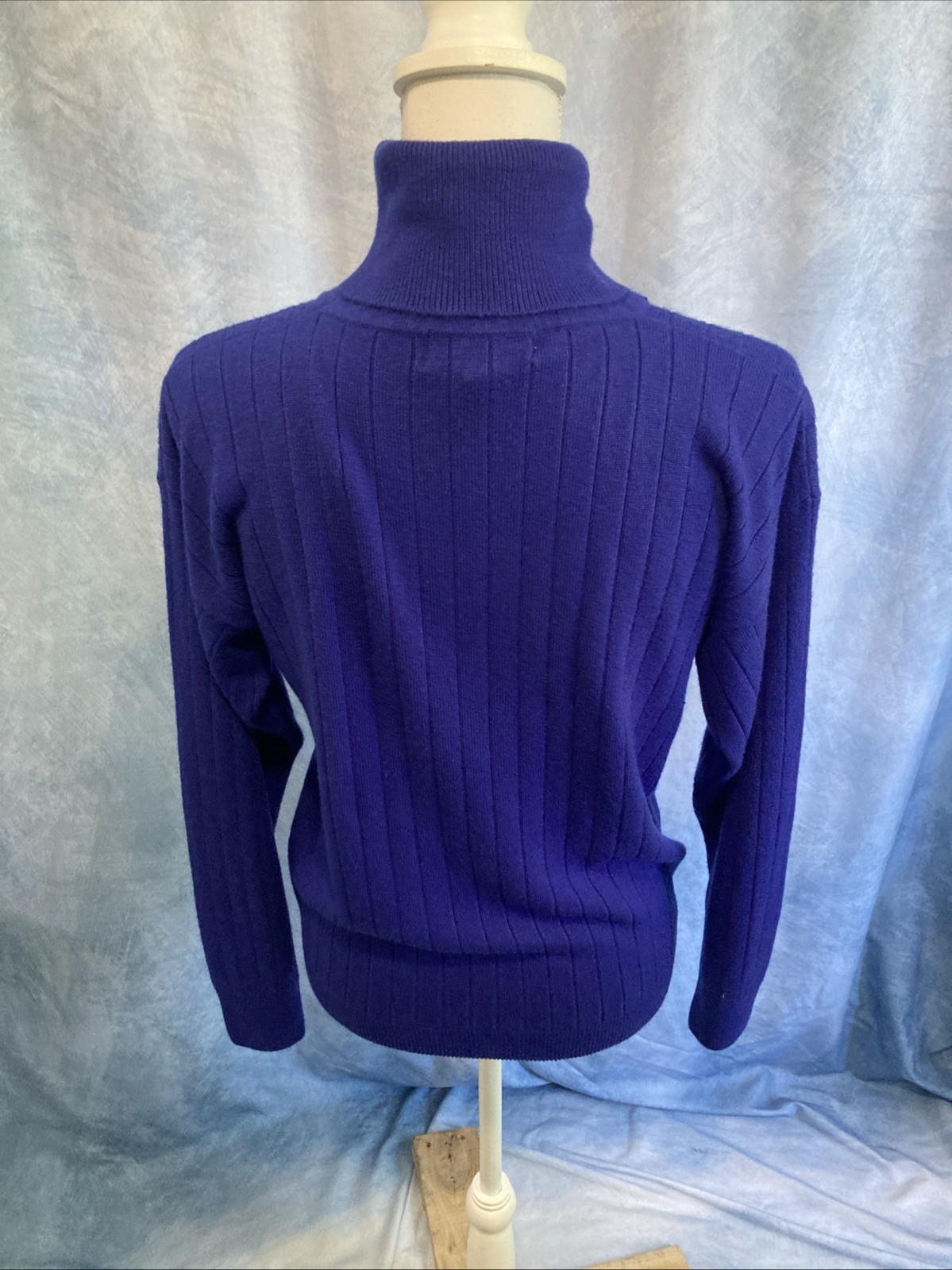 Vtg 80s Laura Winston Ribbed Knit Turtleneck Sweater M Blue Indigo Purple Retro