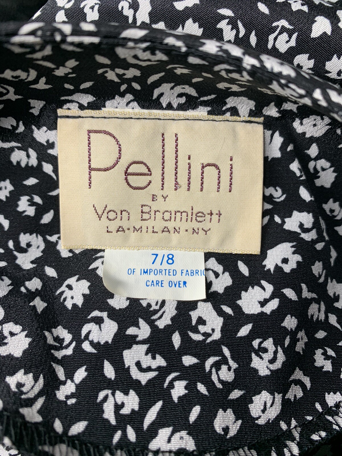 Vintage 80s Pellini Von Bramlett Black White Floral Belted MIDI Dress USA Sz 7/8