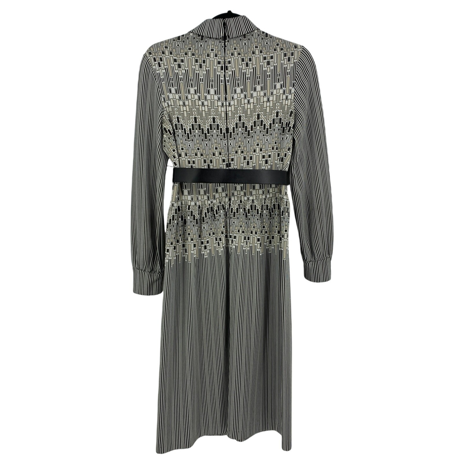VTG 70s Secretary Dress Womens S/M Geometric Print Black Cream Tan Long Sleeve