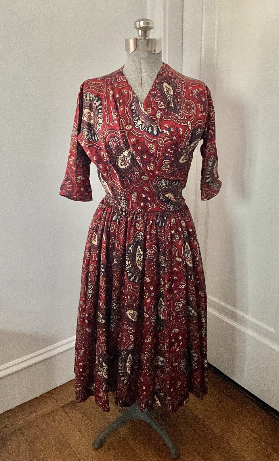 Vintage 1950’s Anne Fogarty Burgundy Paisley Dress with Wrap Bodice