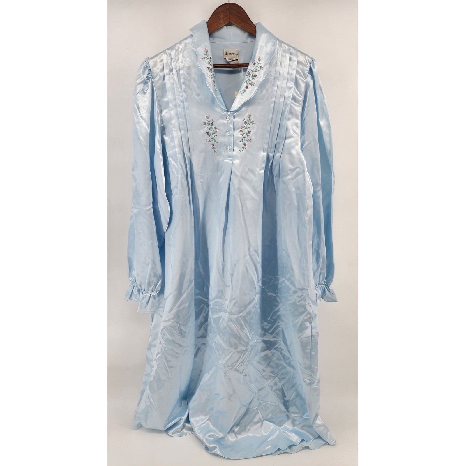 Delicates JCPenney Vintage Blue Satin Floral Embroidered Nightgown Large NWT