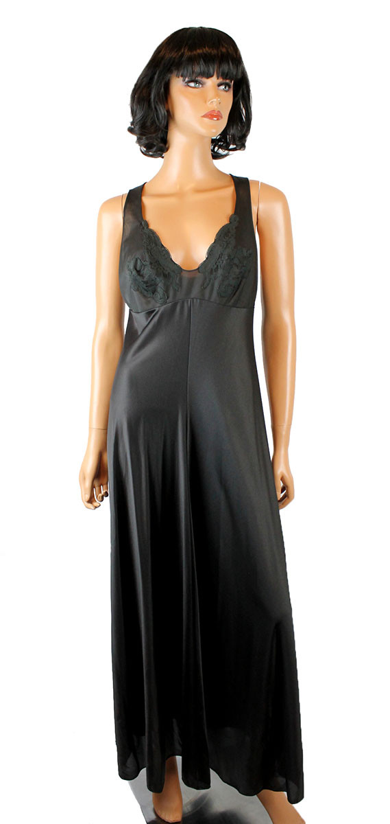 Black Peignoir Set Sz 34 S Vintage Vanity Fair Long Robe Nightgown Chiffon Lace