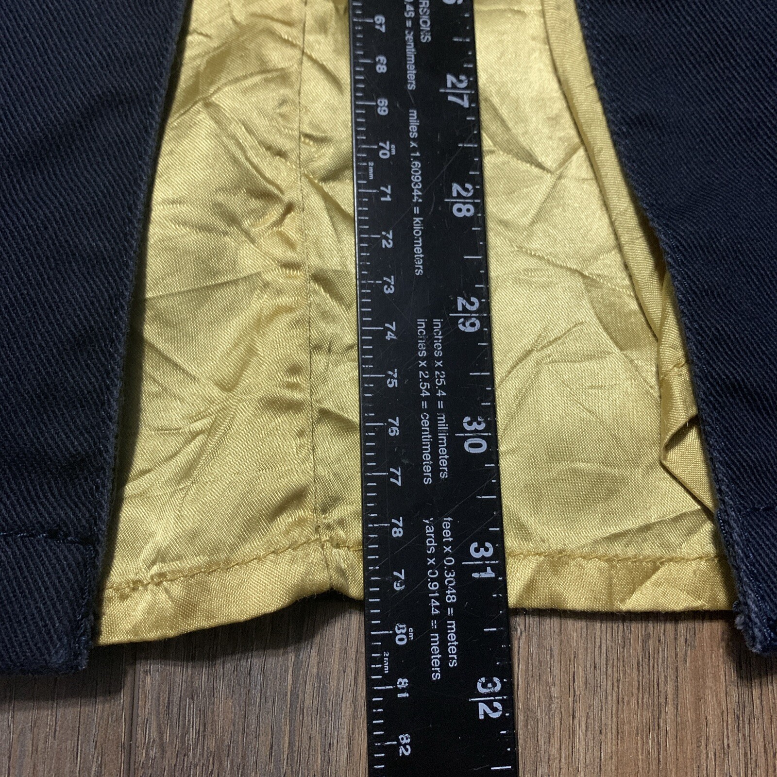 VTG Get Used by Elie Denim Pencil Skirt Size 31 Navy Blue Gold Satin Wings Star