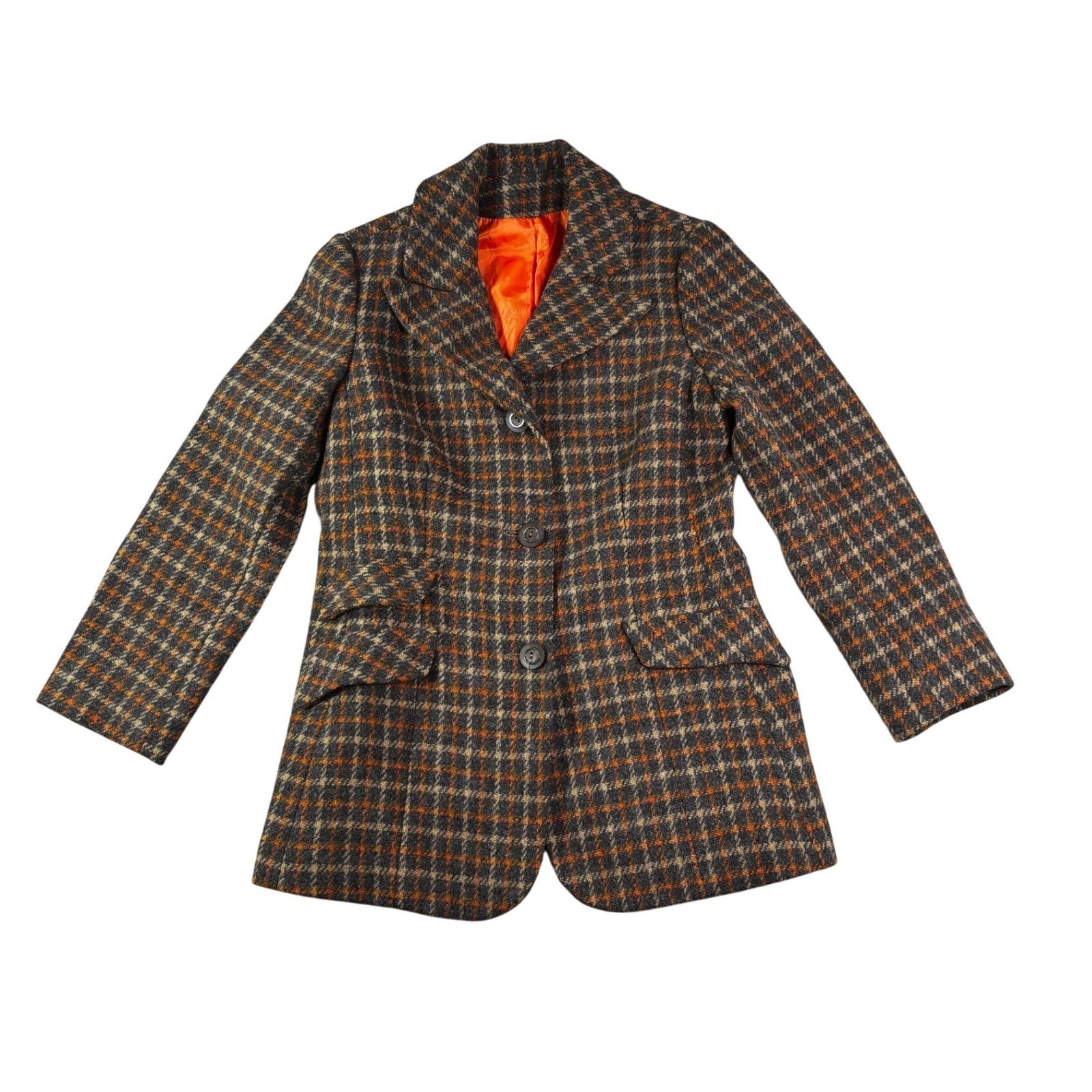 Peck & Peck Vintage Plaid Tweed Blazer Jacket Orange Grey Wool Blend Women S/M