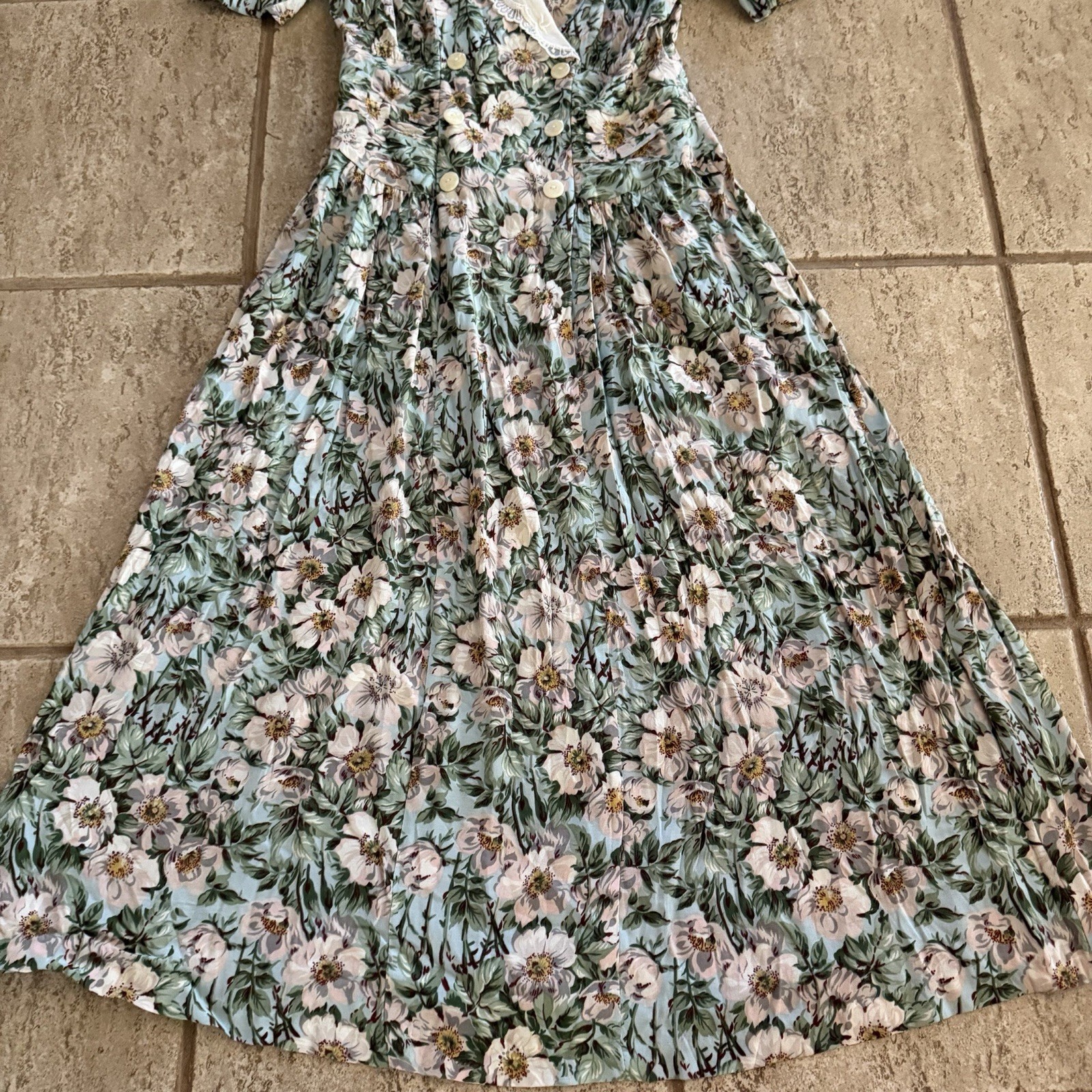 80s Cottagecore Sz 6 Prairie Dress Lace Collar Mint Floral Secretary Vintage