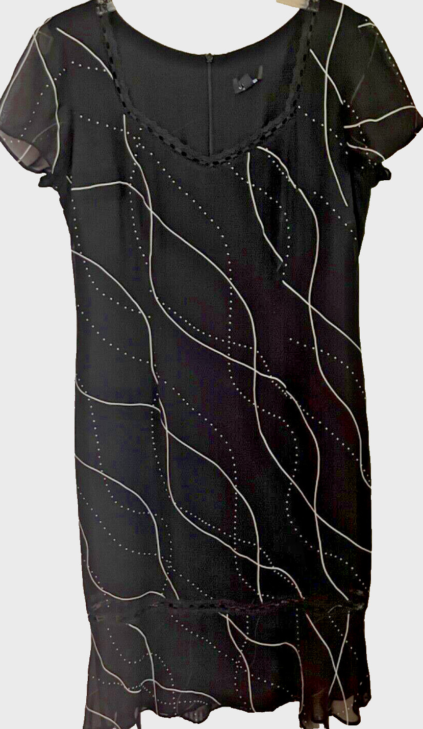 MICA SHEER MIDI RAYON BLACK WHITE LACE DETAILS DRESS FULLY LINED BACK ZIP sz 10