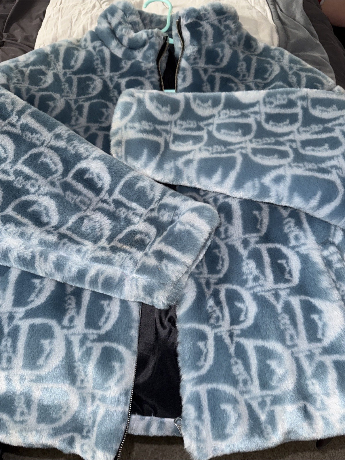 Vandy The Pink Monogram Fur Jacket Ice Blue Size M Unisex