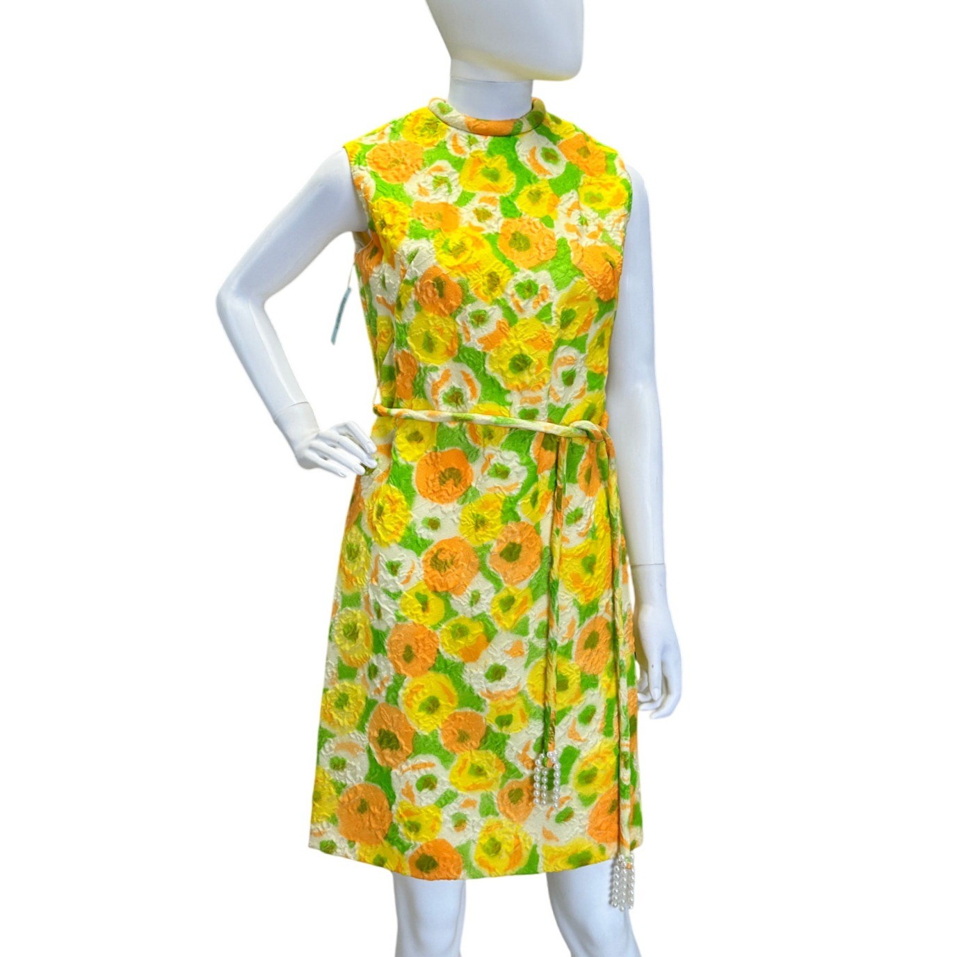Vintage 60s Sleeveless Mod Floral Shift Dress A Line Quilted High Neck NOS JS