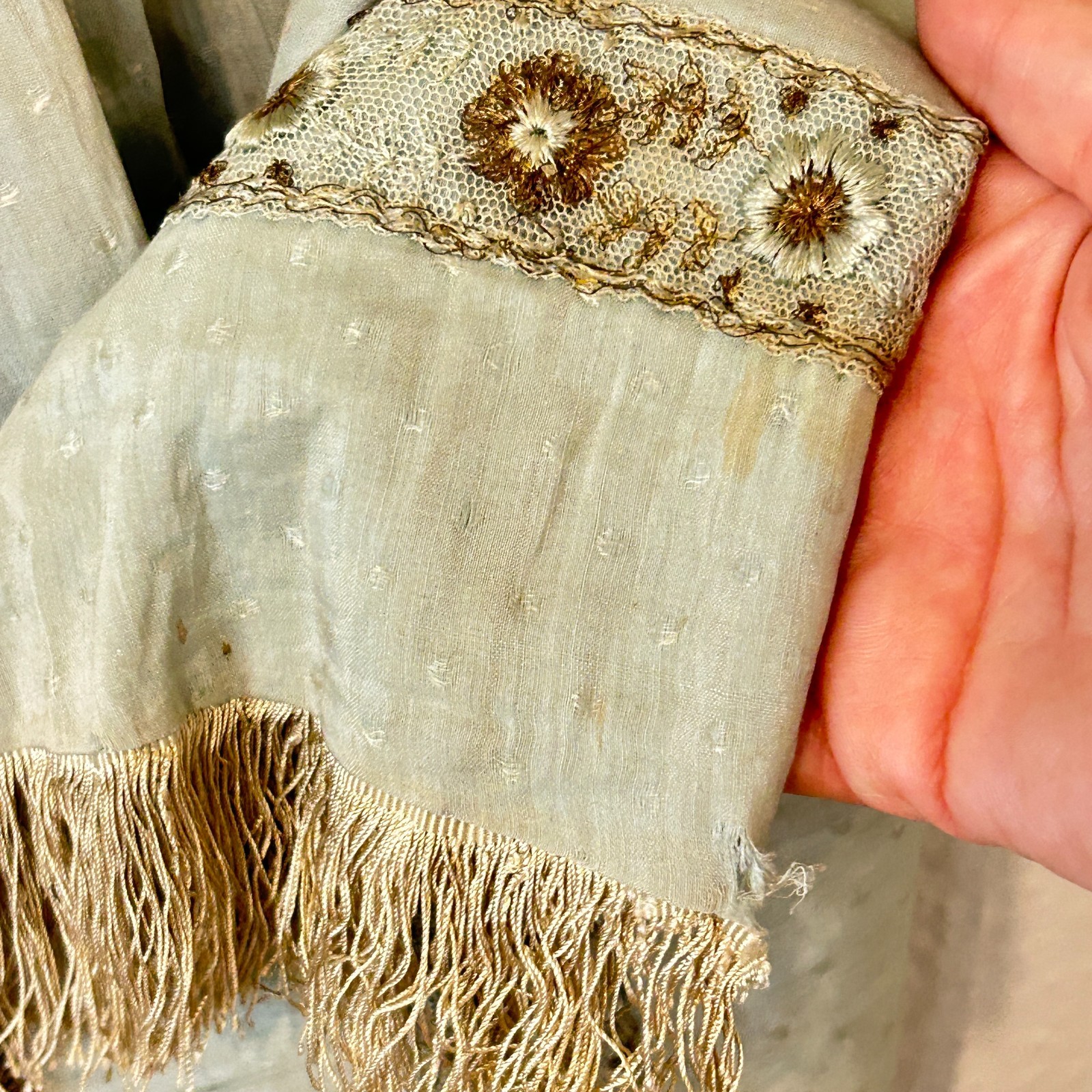READ AS IS Antique Edwardian Blue Dress Fringe Trim Embroidered Study Fragile