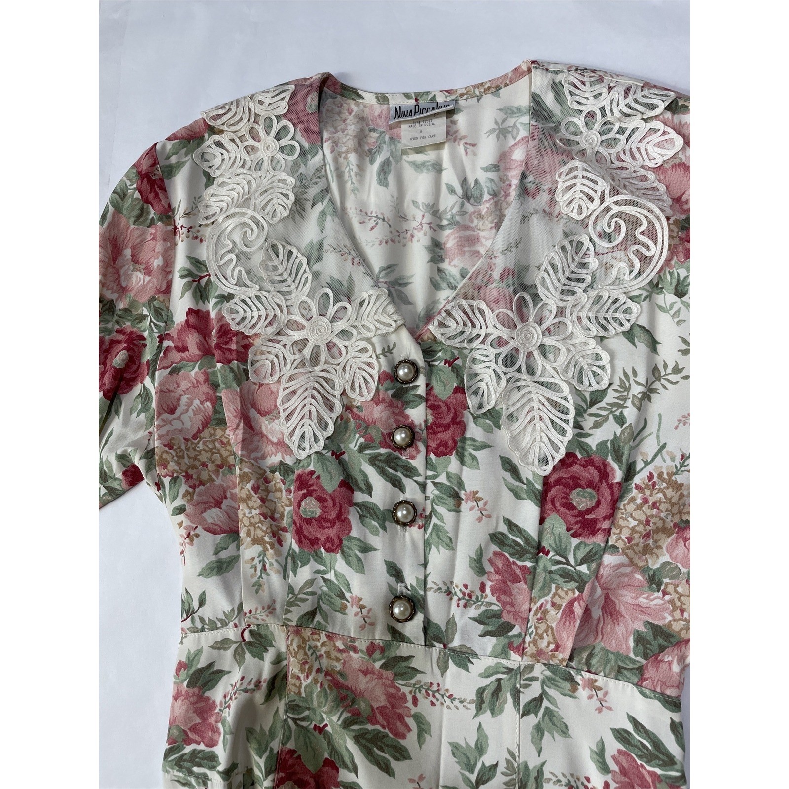 VTG 80s Floral Bib Dress 3/4 Sleeve Nina Piccalino 8
