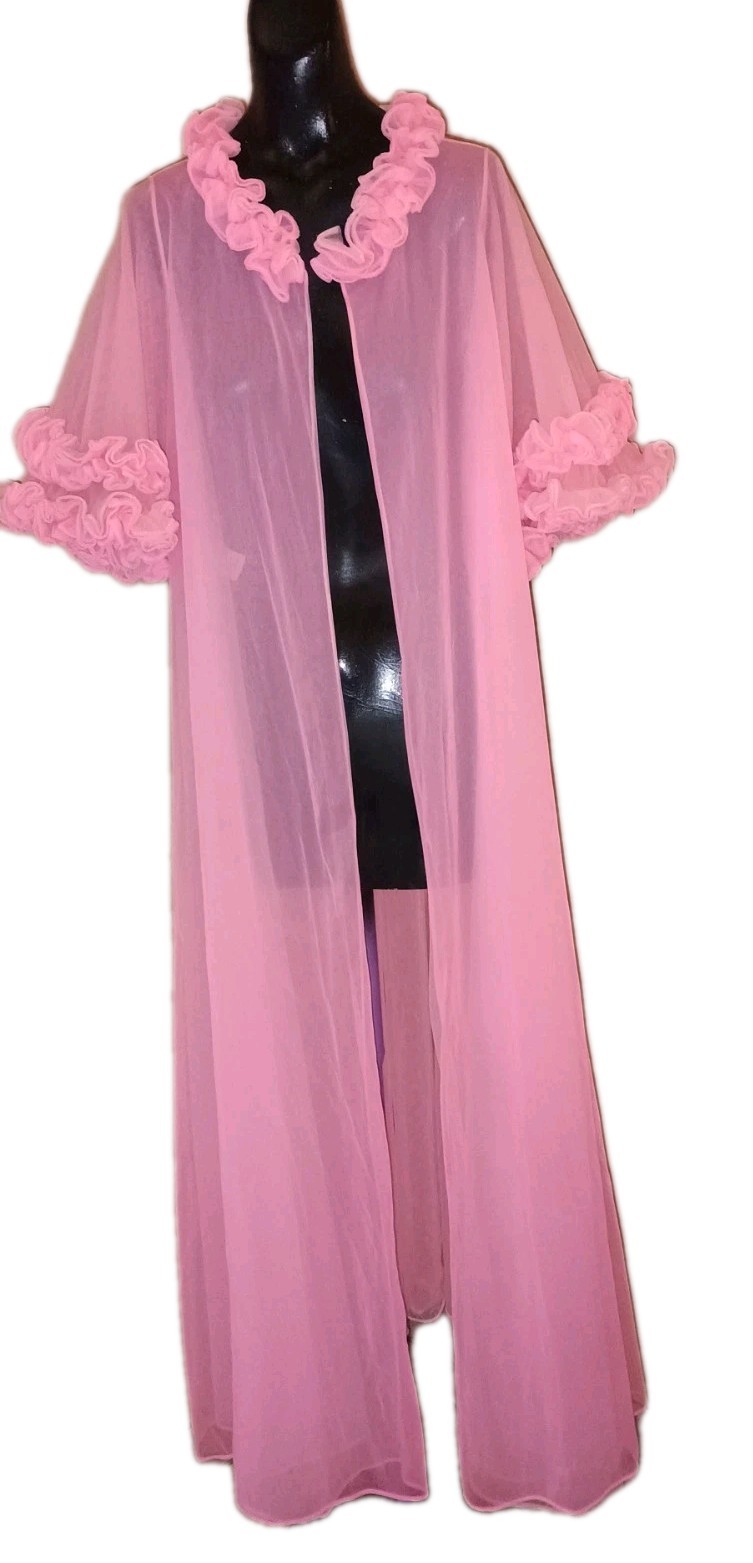 Vintage 50s 60s Jenelle Of California DBL Nylon Sheer Chiffon Ruffles Pink Robe