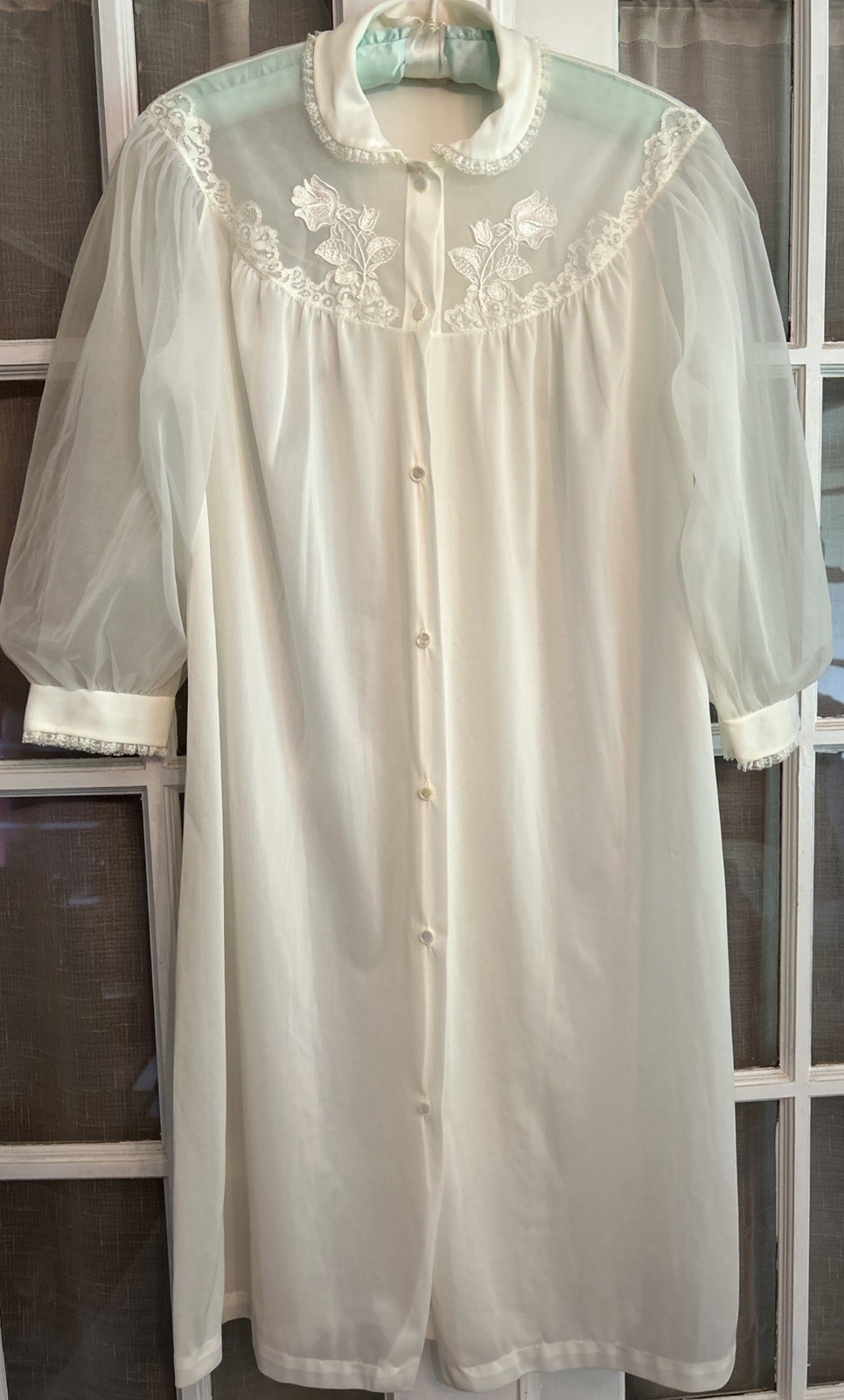 VTG 50’s Nightgown Peignoir Set Ivory Nylon Chiffon Lace Applique Coquette Sz 34