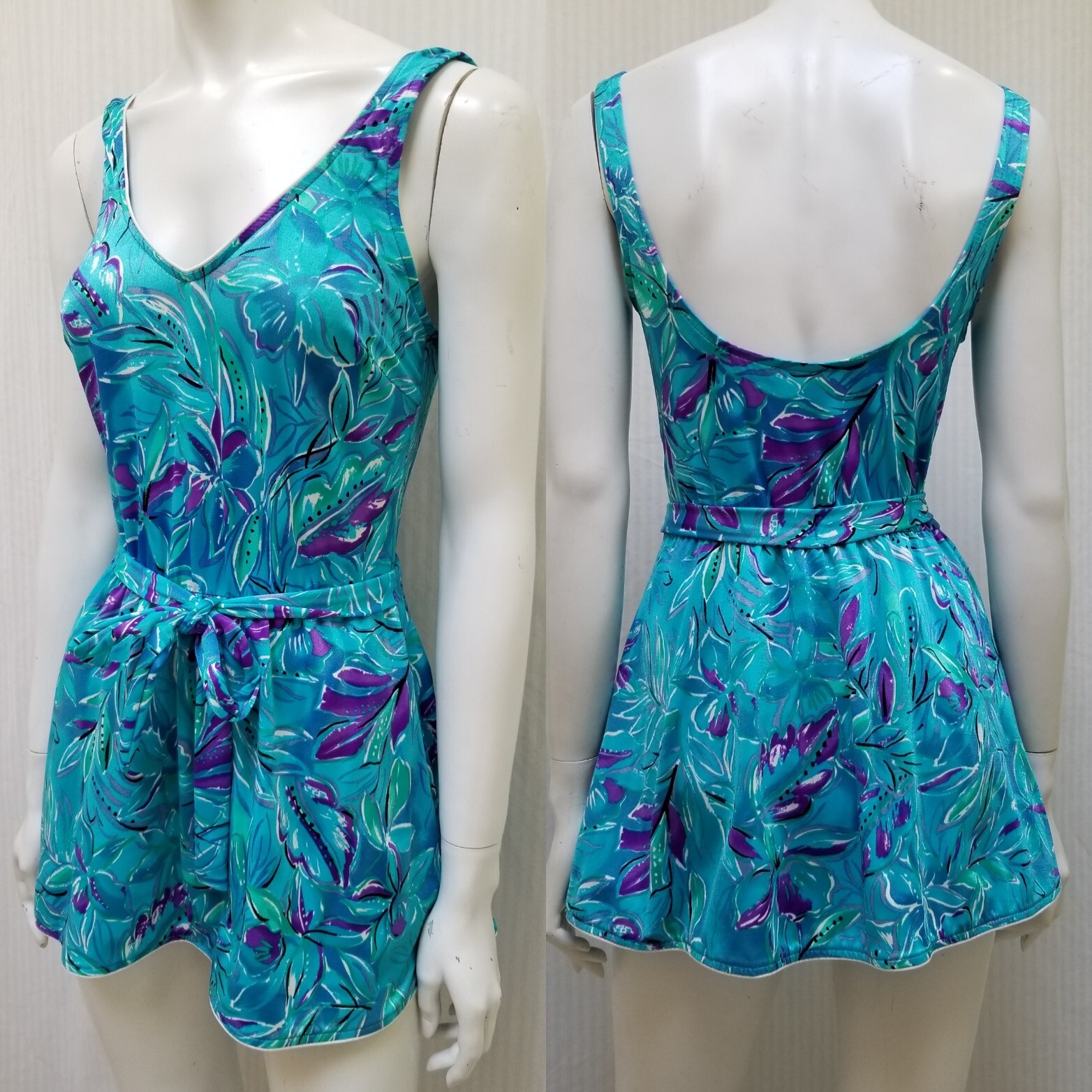 New w/o Tags Maxine of Hollywood Blue Purple Floral Swim Dress One Piece – M/L