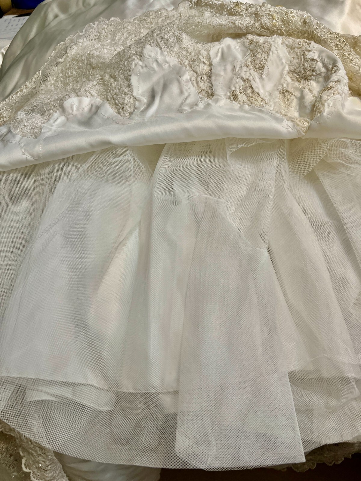 Vintage Mori Lee Wedding Dress Size 12 Satin Lace Pearl Bridal Gown Ivory