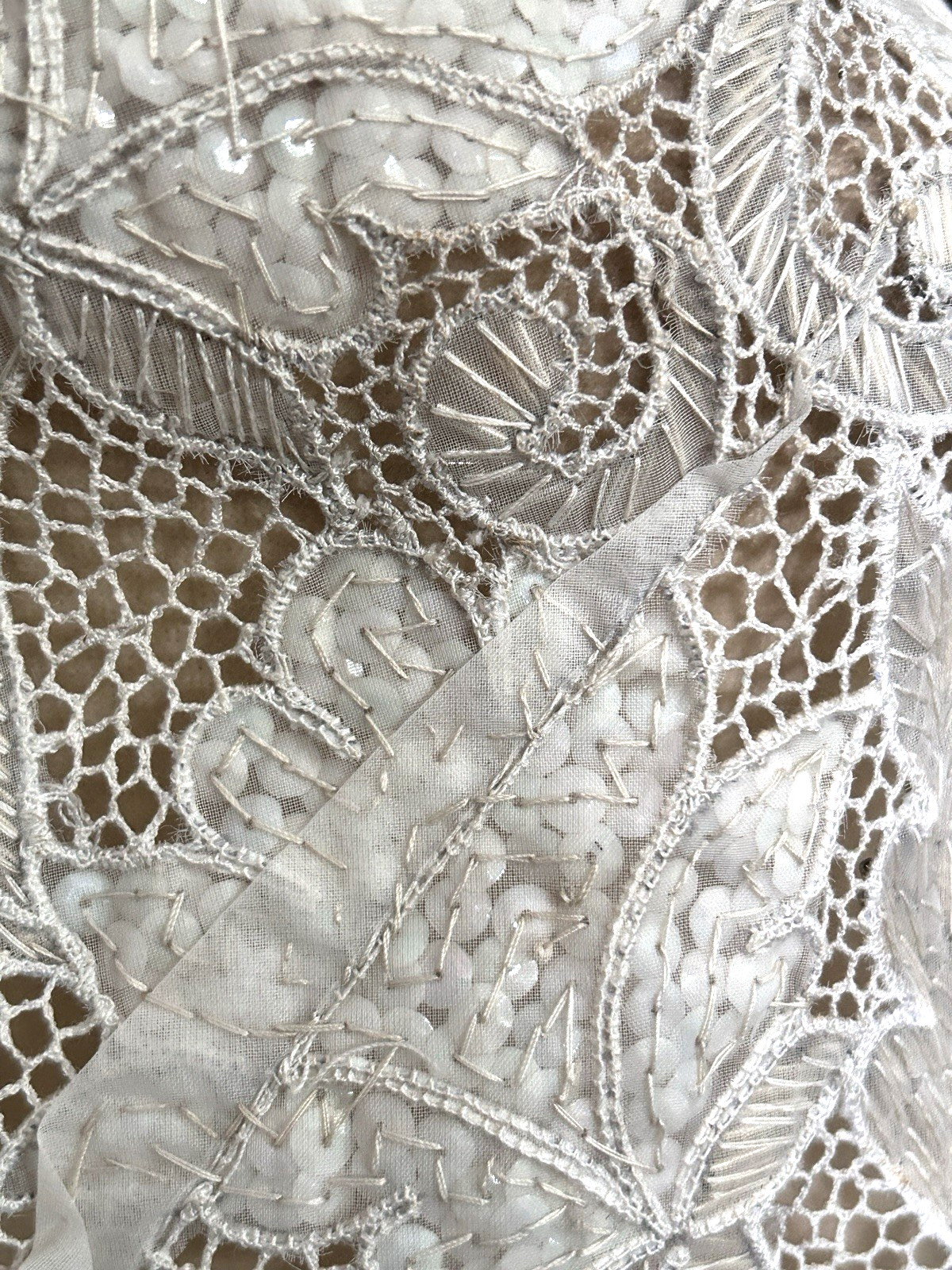 Vintage Hand Finished Floral Sequined White Silver Beaded Lace Applique Top