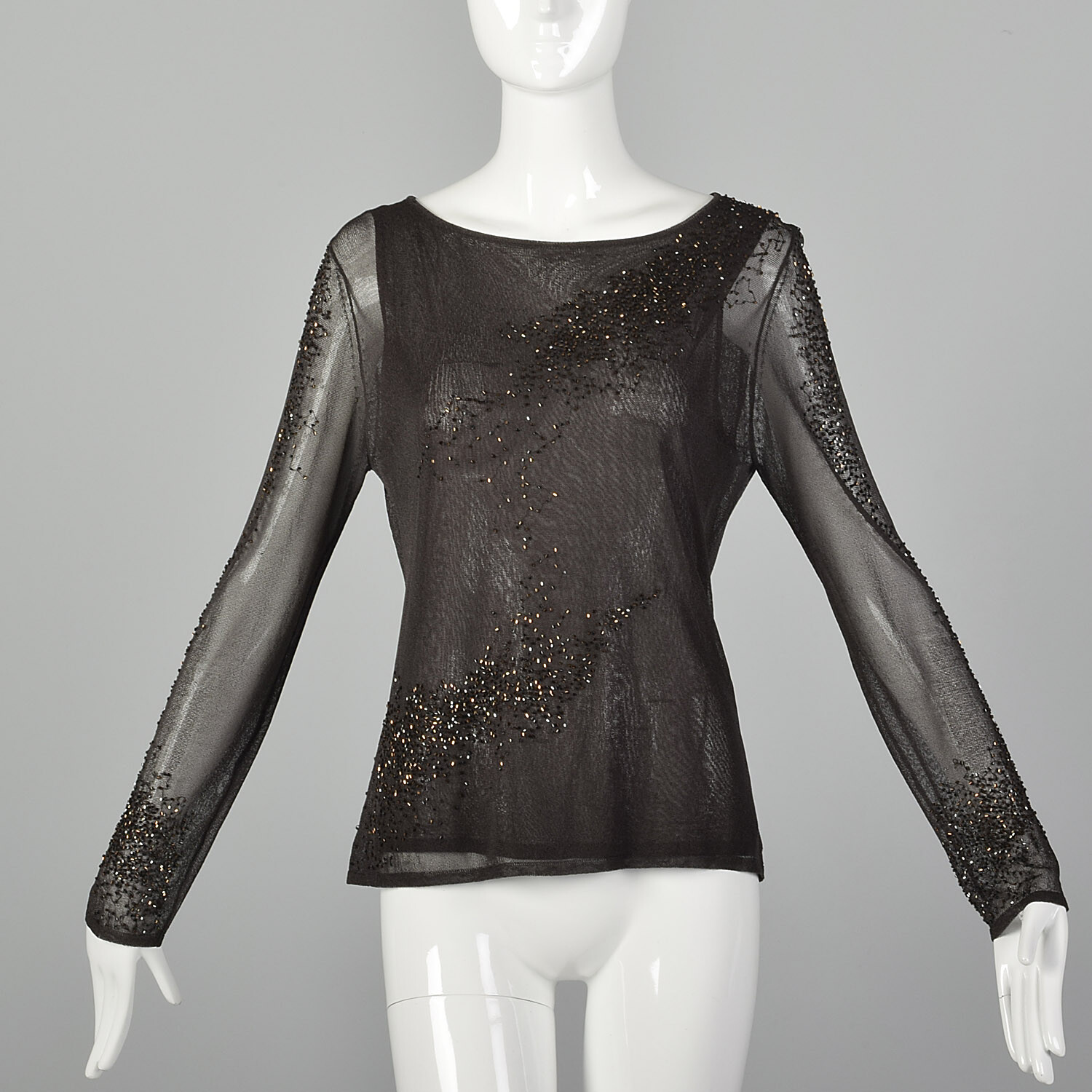 XS Juliana Collezione Brown Mesh Top Long Sleeve Bronze Beading Party Blouse VTG