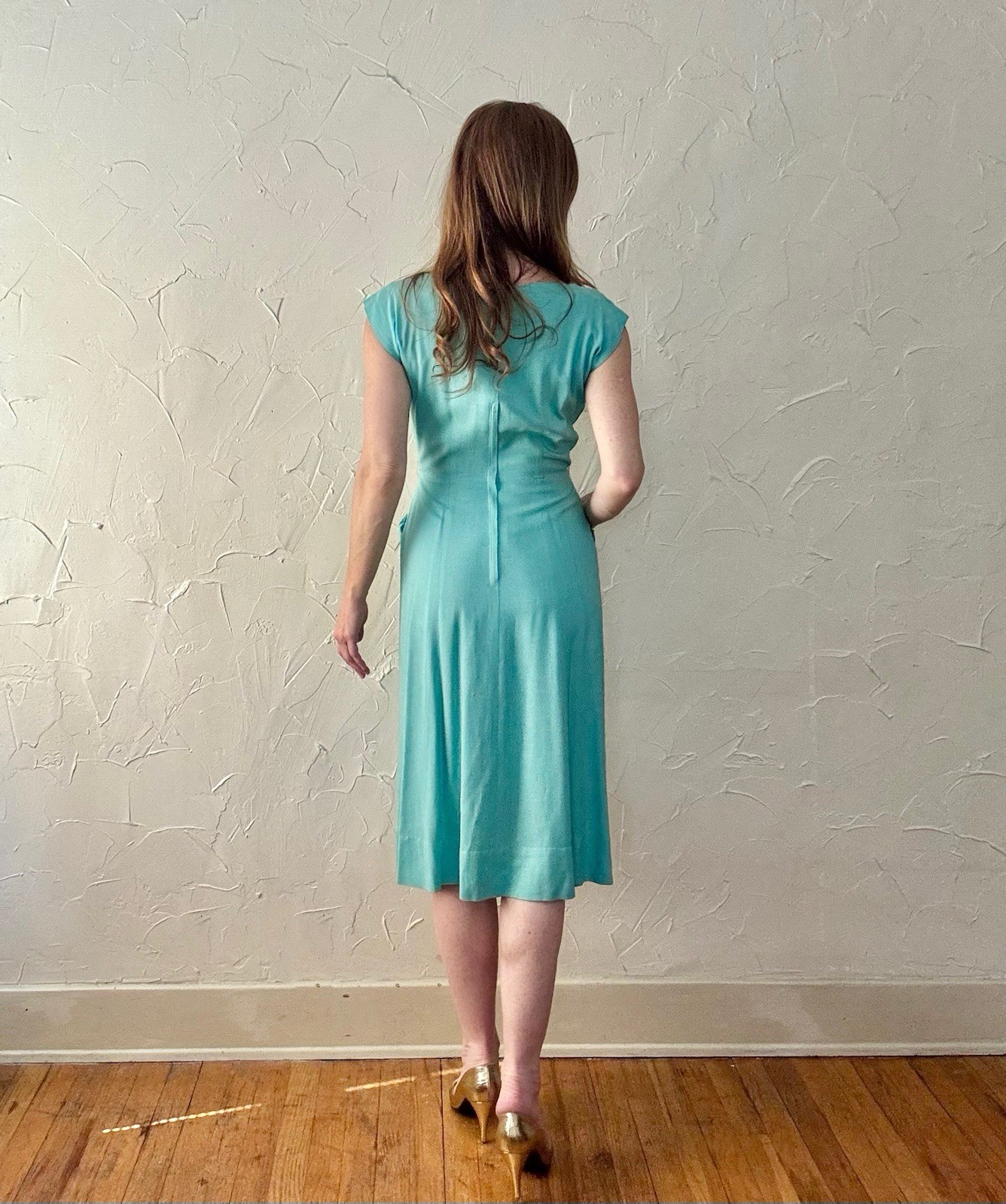 VTG 1950s Lilli Diamond Aqua Blue Jagged Neckline Atomic Floral Embroidery Linen