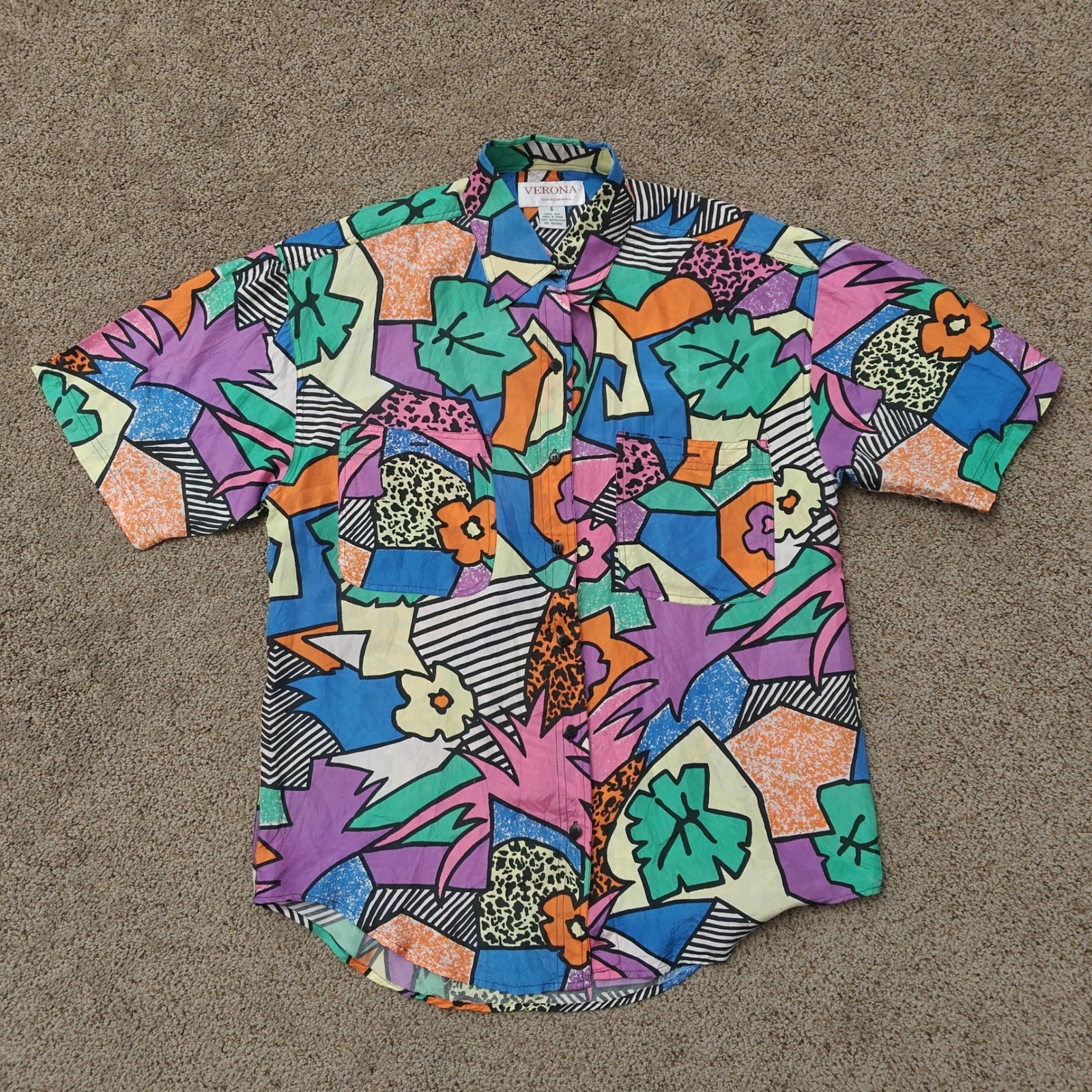 Verona Original Vintage 90s 100% Silk Abstract Geometric Short Sleeve Shirt S