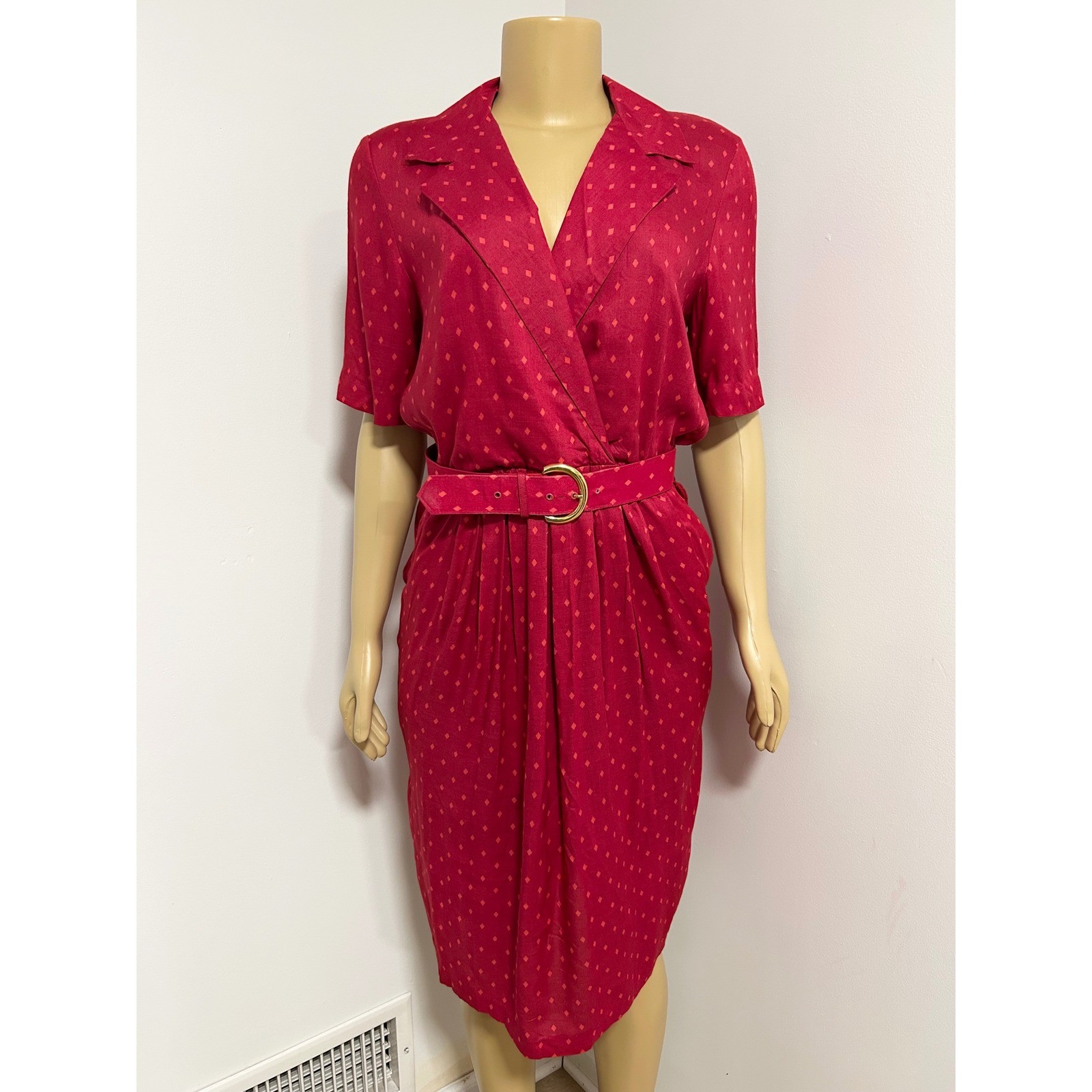 Andrea Gayle Petites Vintage Red Diamond Print Belted Midi Dress 10 Short Sleeve