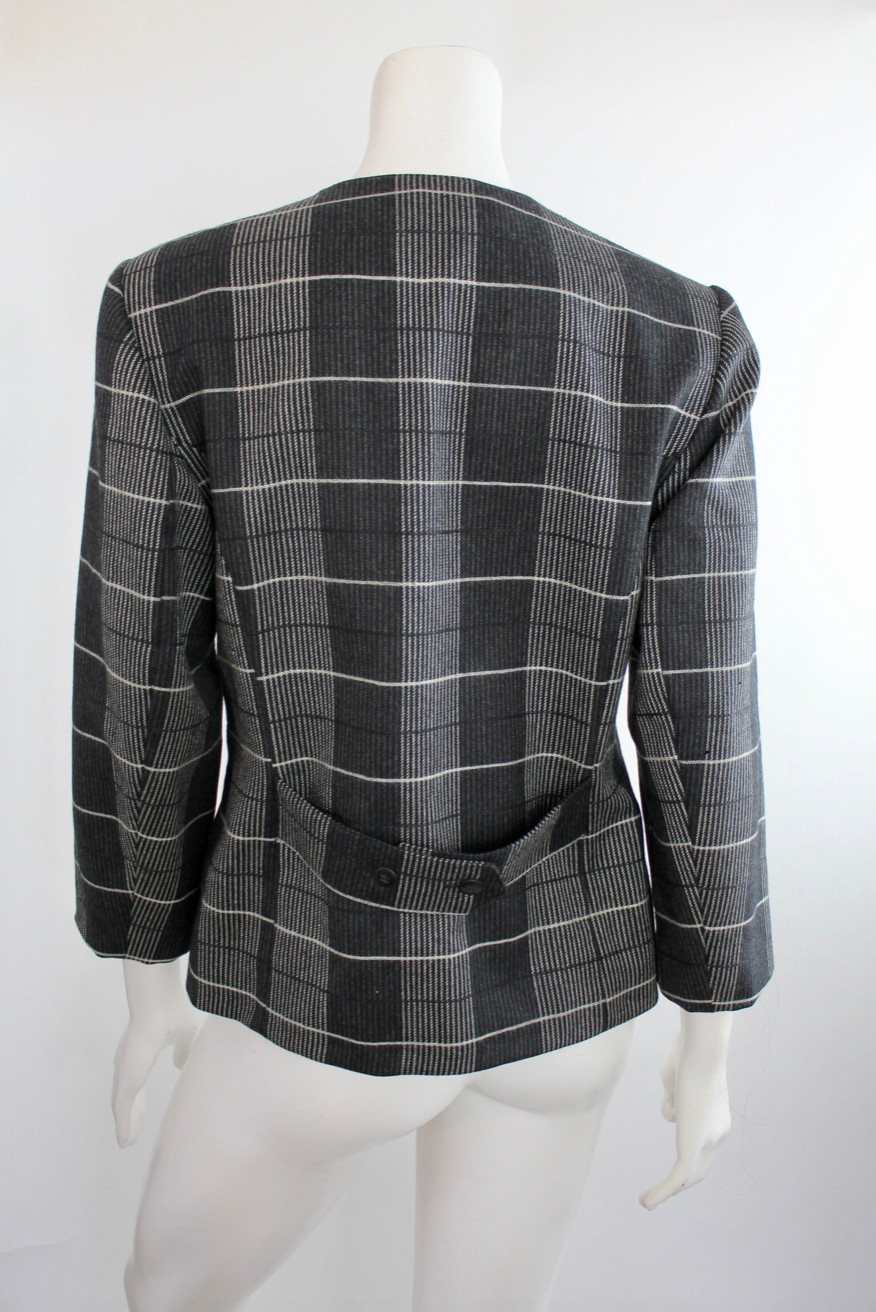 Vtg 80s Marimekko Grid Gray Wool Blazer Jacket Coat Checked Striped Retro 34 Eu