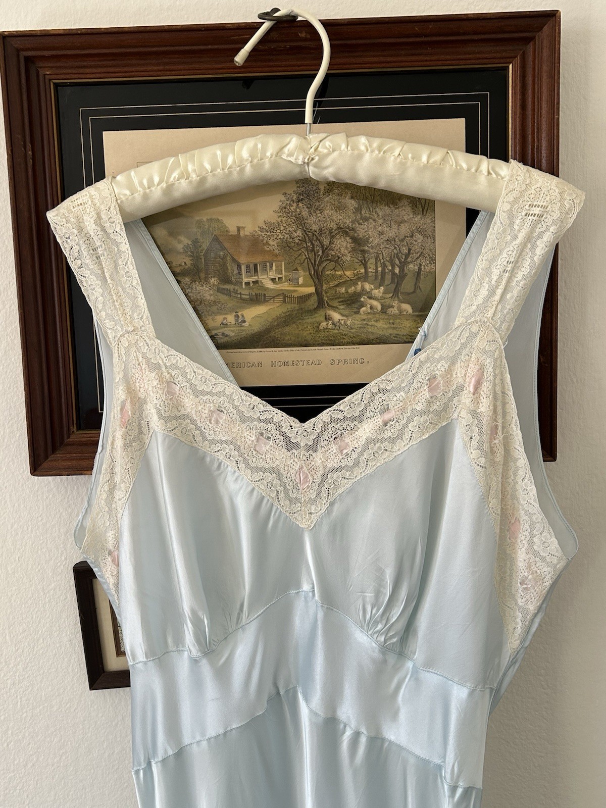 1930s Satin Blue Bias Cut with Pink Ribbon Work Slip Dress