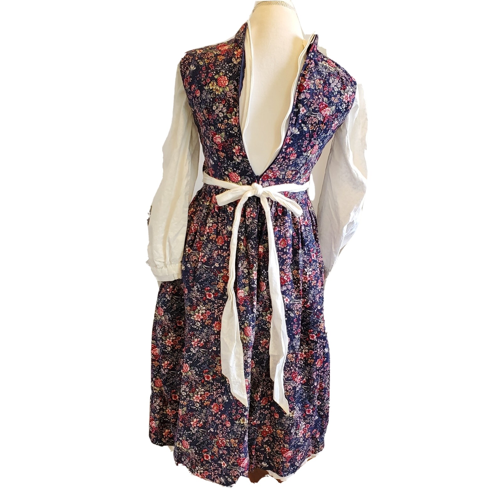 Vintage Prairie Dress XS Ditsy Floral Midi Navy Blue Sleeveless Cottage Core