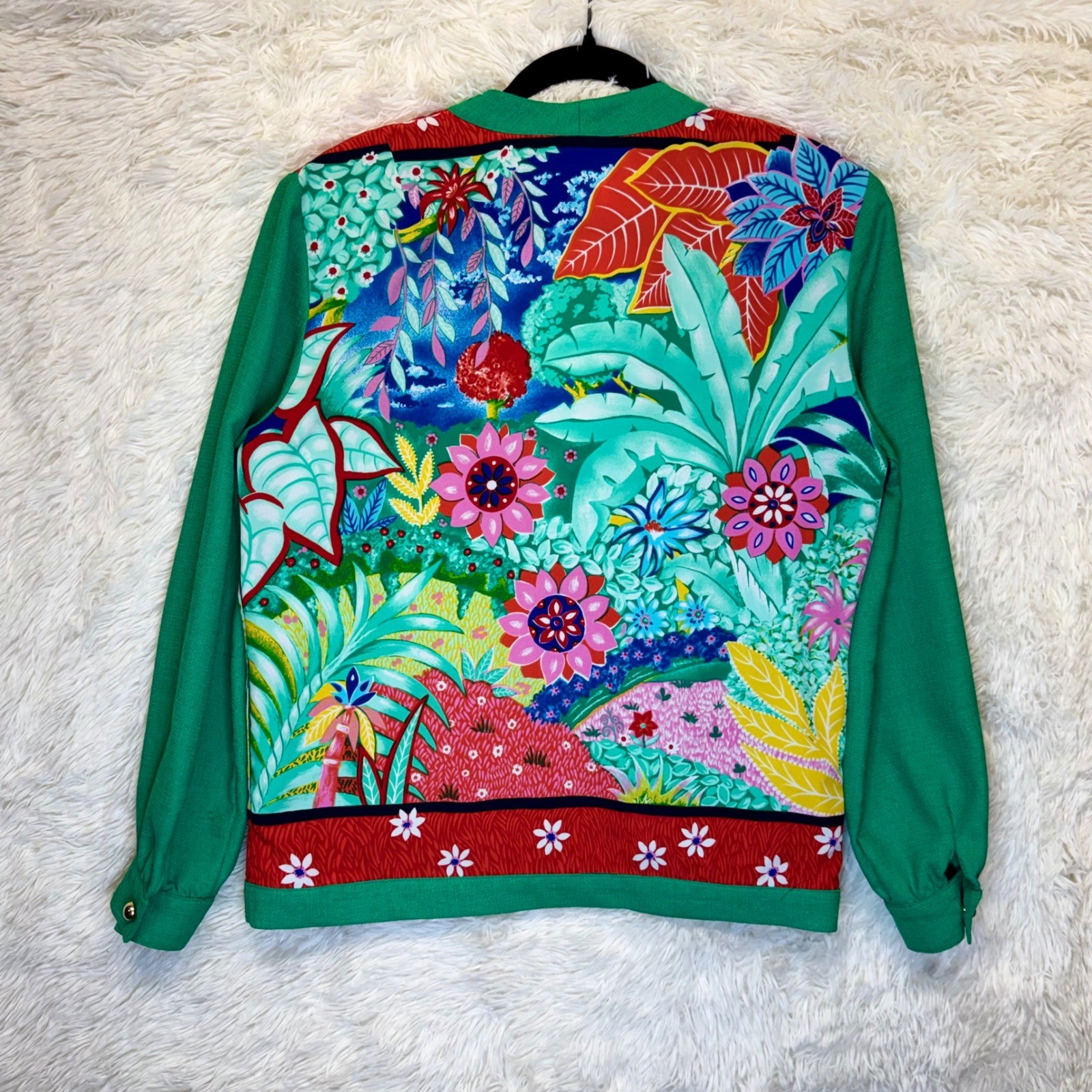 Vintage 80’s Three Flaggs Tropical Bold Floral Cardigan Green Gold Button Sz 6