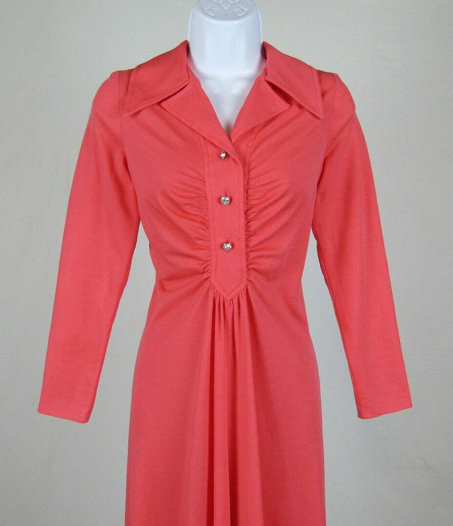 VTG 1960s JULIE MILLER OF CALIFORNIA MANDARIN DRESS CRYSTAL BUTTONS GATHERS