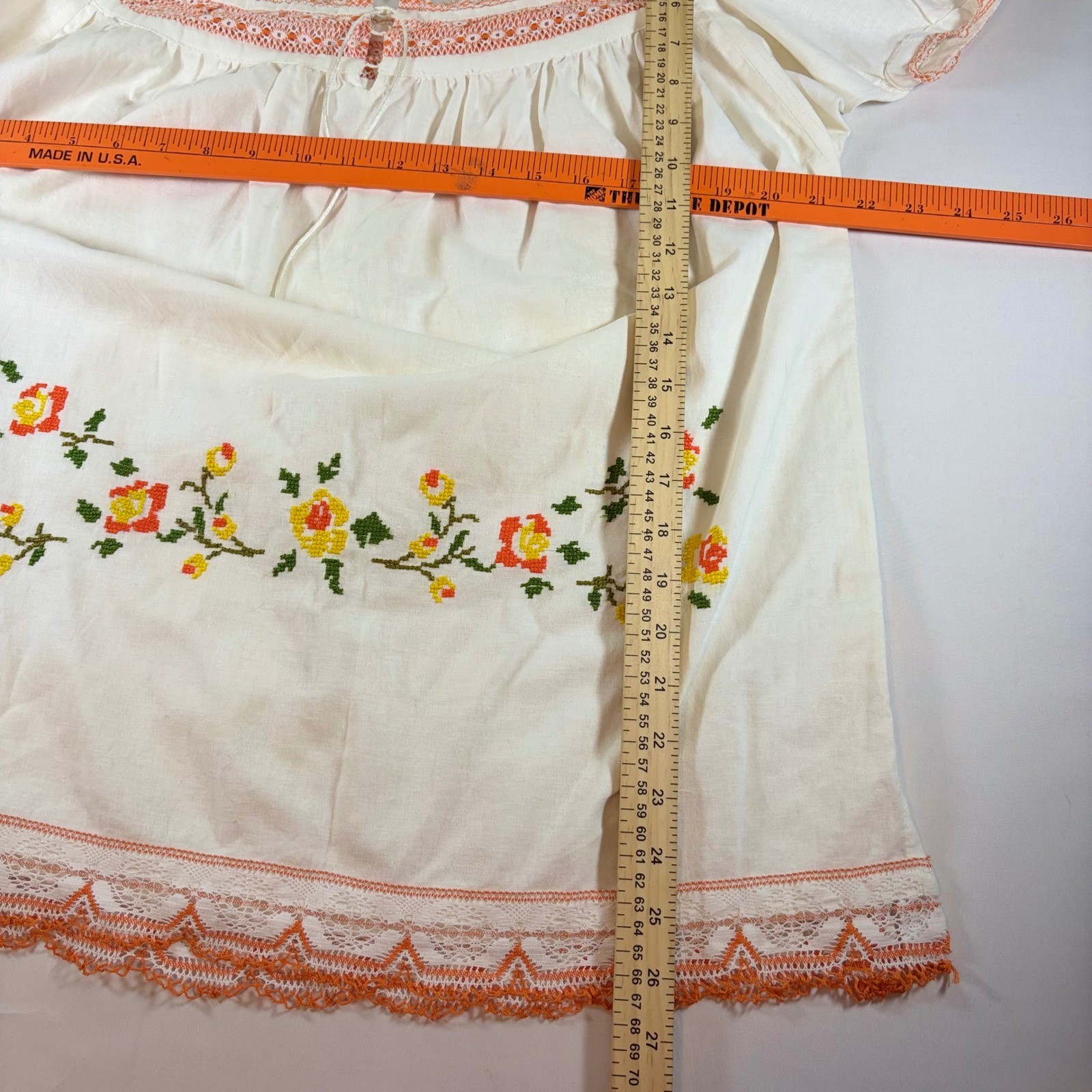 Vintage 70s White Cotton Peasant Blouse Floral Embroidery Orange Lace Boho Top M