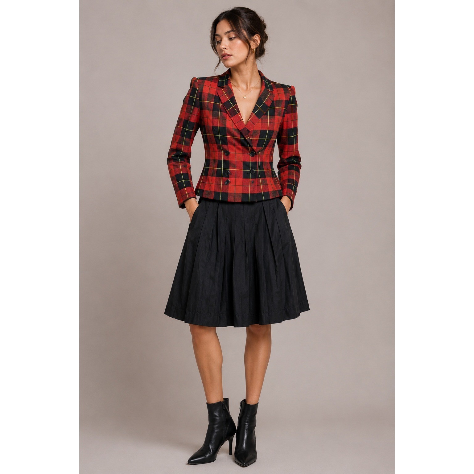 Sasson Plaid Skirt Suit Set Dark Academia 90s Preppy Red Black Rayon Size 14 16