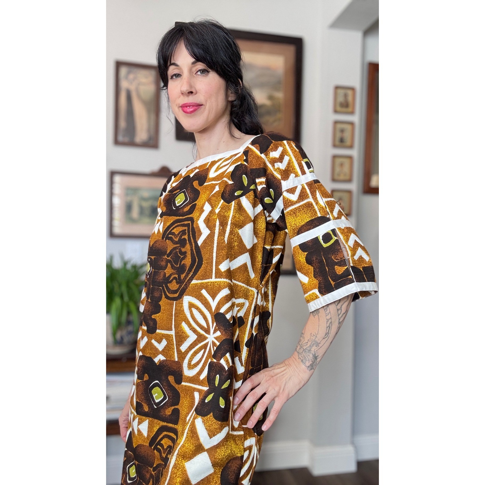 Vintage Evelyn Margolis Hawaii Tiki Barkcloth Maxi Dress Geometric floral