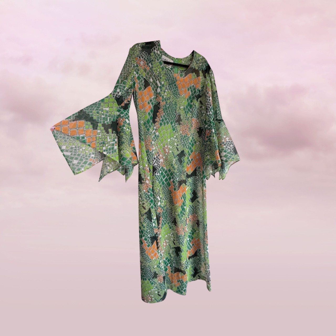 Vintage 70s Cést si bon Creations Psychedelic Maxi Dress Bell Sleeve Mod Boho L