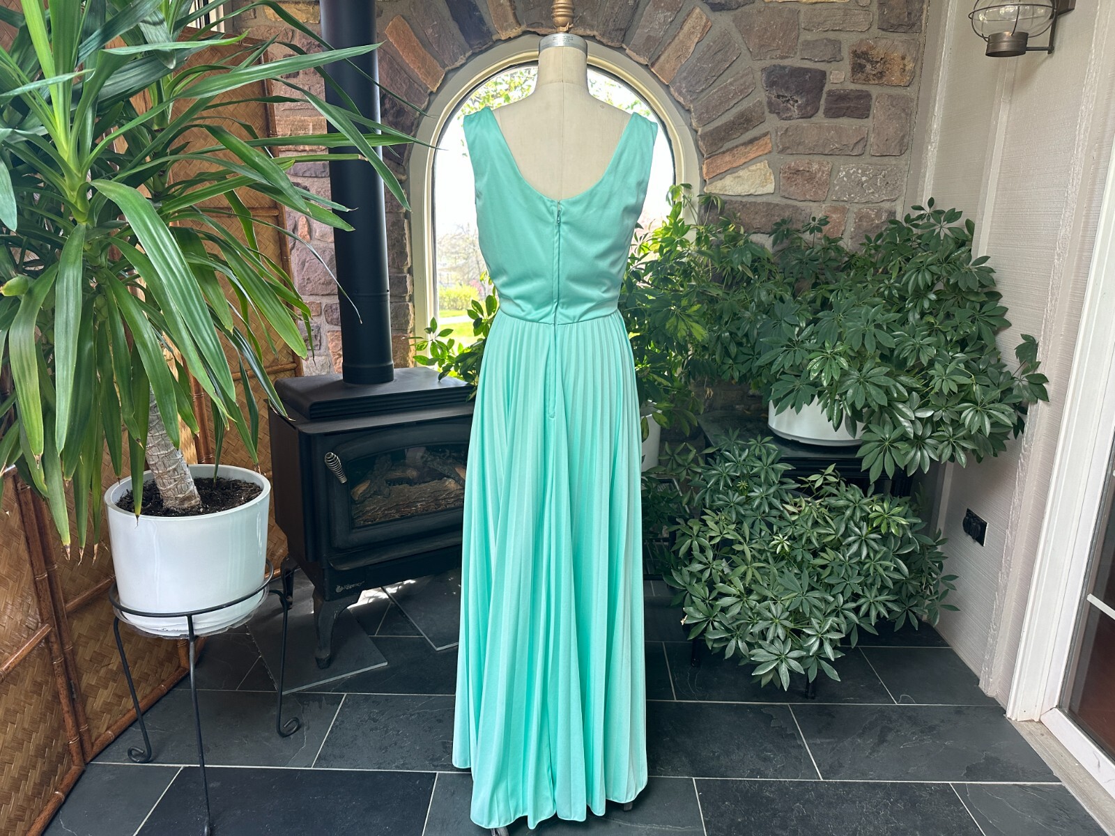 Vintage 1970s Goddess Mint Green Pleated Knit Evening Dress with Lace Jacket