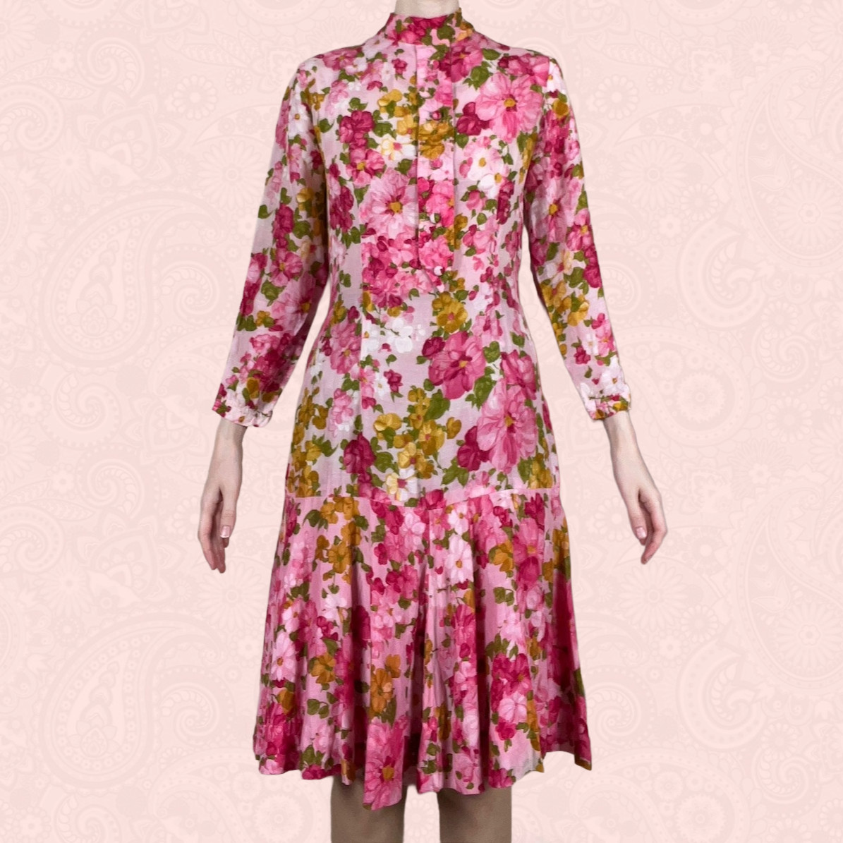 Vintage 60s 70s Pink Floral Drop Waist 3/4 Sleeve High Neck Collar Dress XS