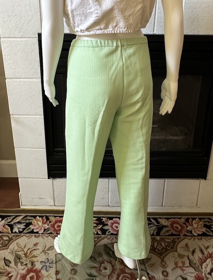 Green Plaid Polyester Pants 31×28 Lightweight Elastic Waist Vtg 70’s