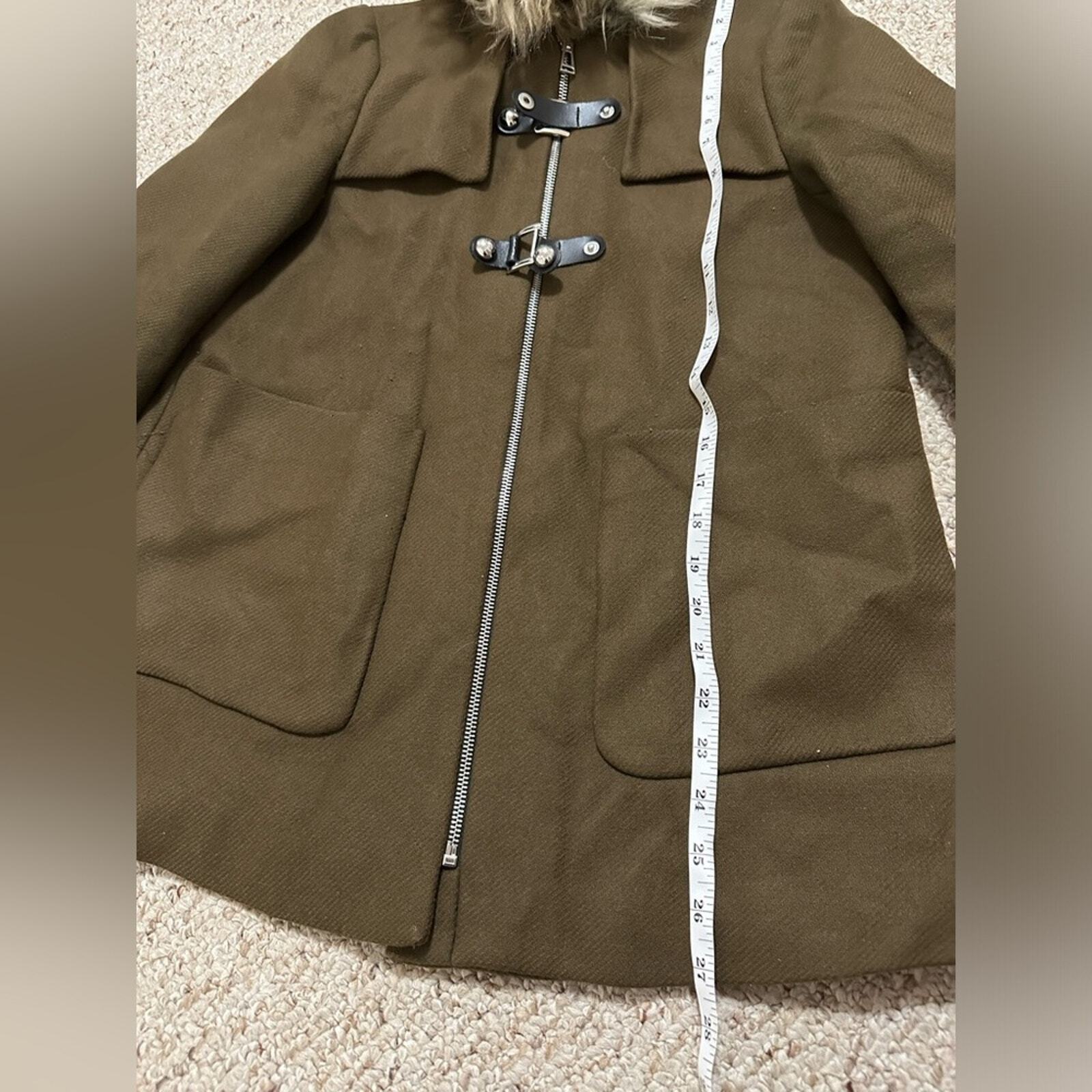 ZARA khaki army green faux fur trim hood duffle coat size XS