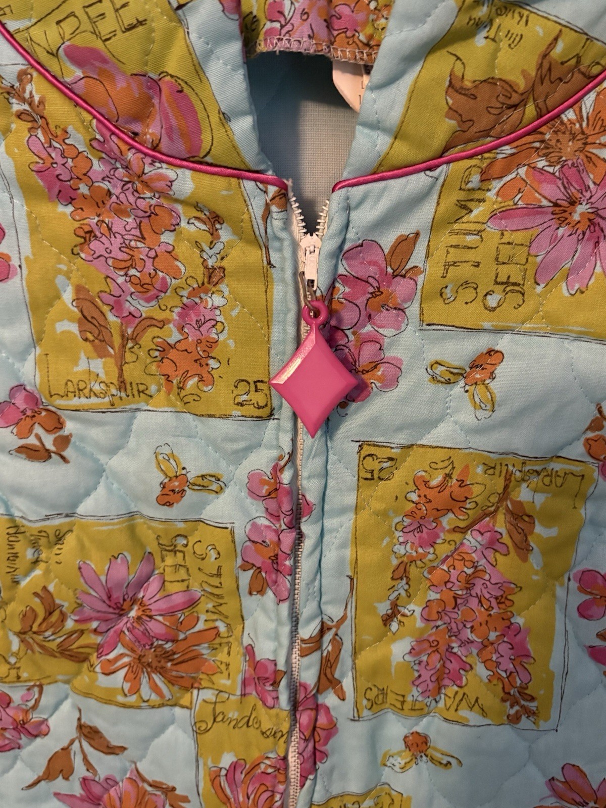 Vintage 60s 70s Blue Quilted House Dress Zip Robe NOS Carol Brent Floral Stamp L