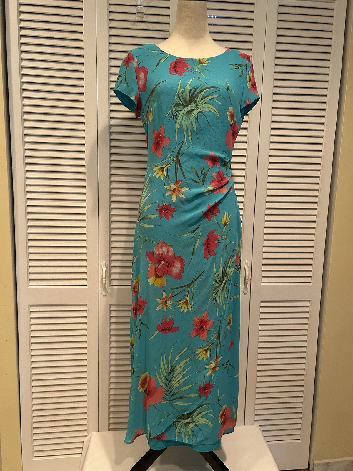 Talbots sz 8 Vintage Long Maxi Dress Aqua Blue Green Pink Floral Short Sleeves