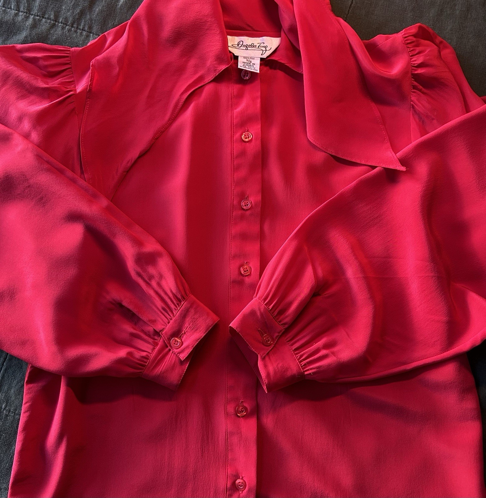 Vintage 80s 90s Silk Blouse Angela Tong RED Tie Neck Small Medium