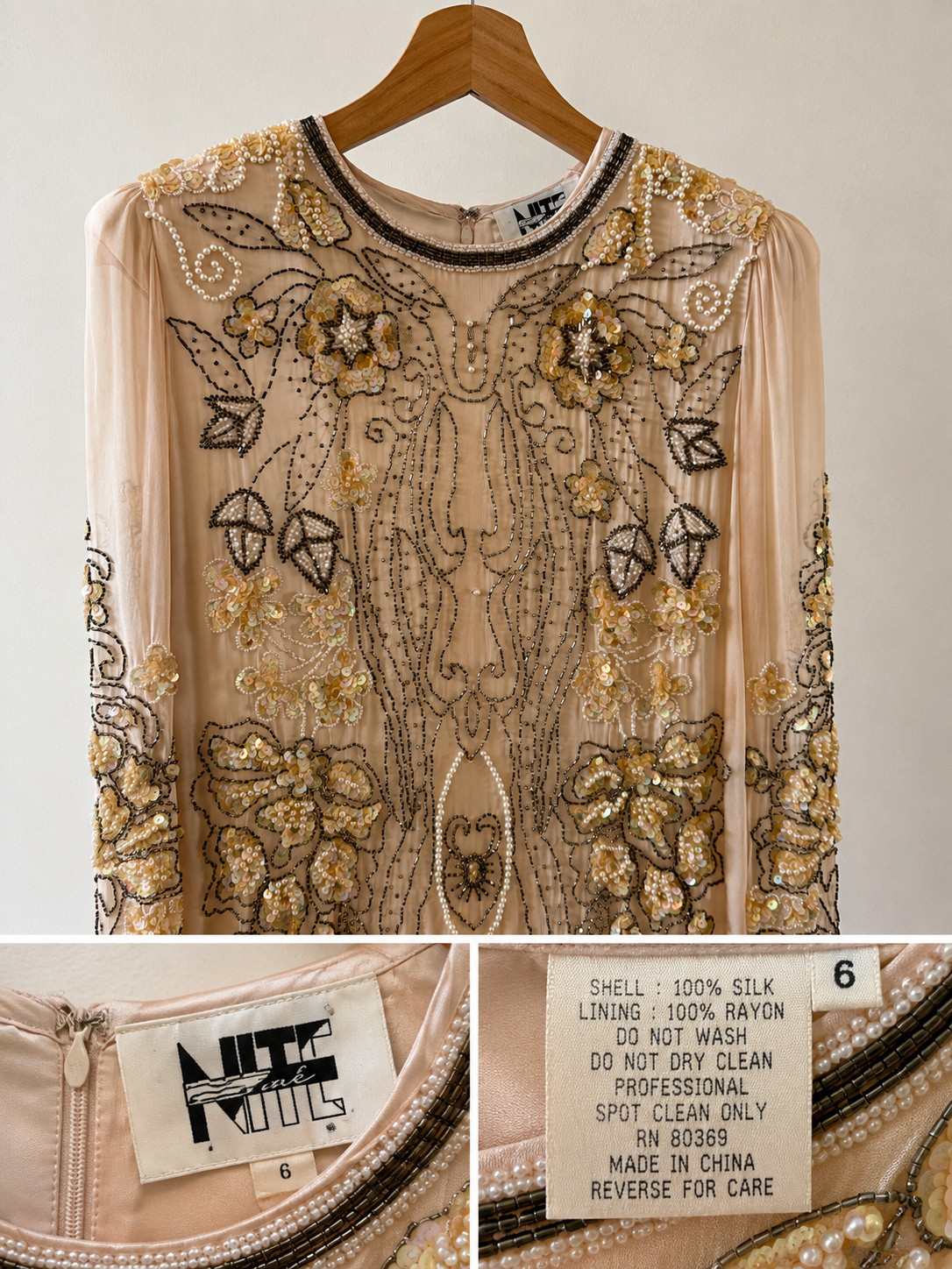 Vintage Lite Nite Line Silk Beaded Sequin Evening Dress Blush Pink Size 6