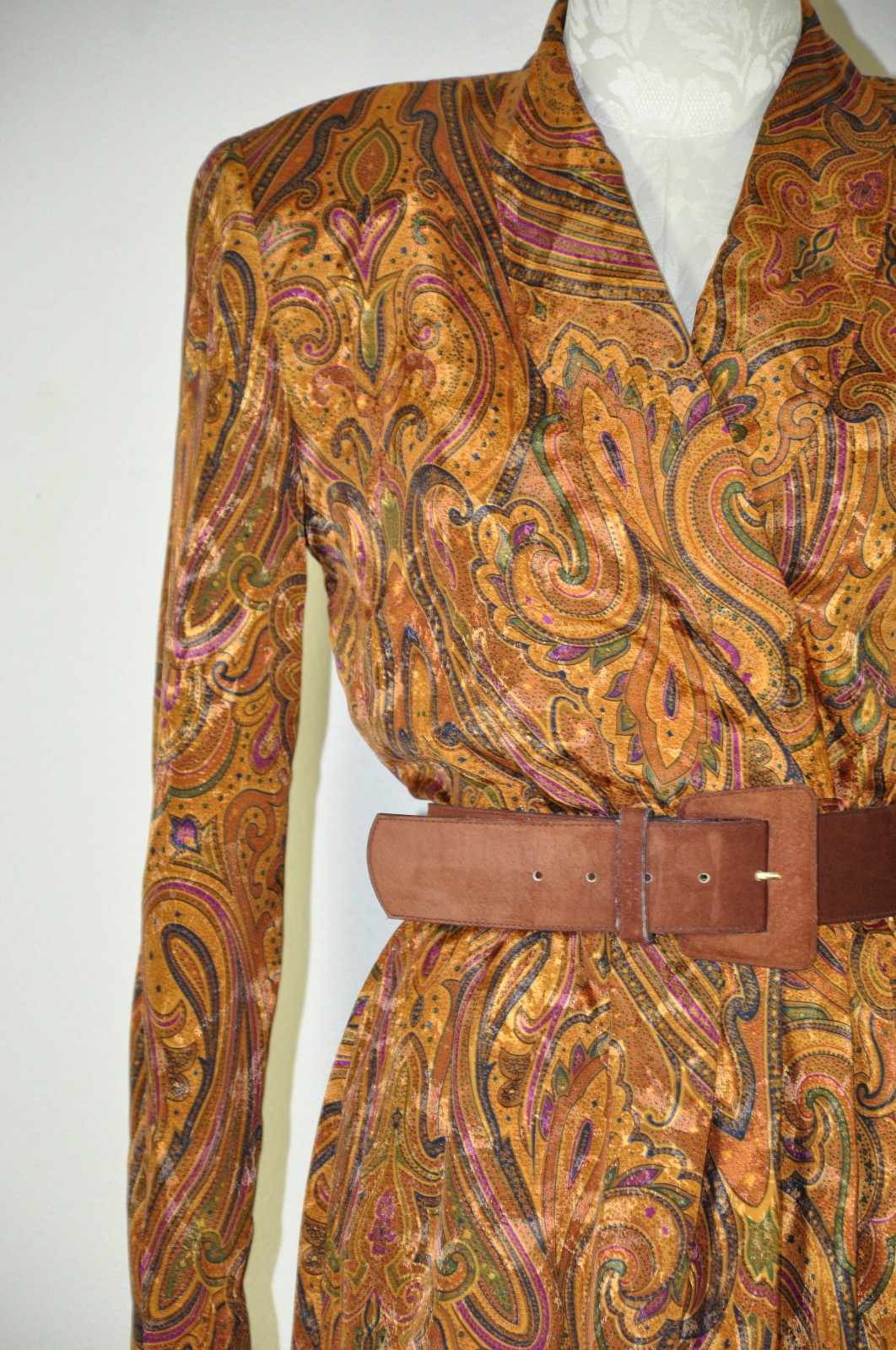80s Vintage Spice Brown Silky Charmeuse Paisley Strong Shoulder Dress Women S M