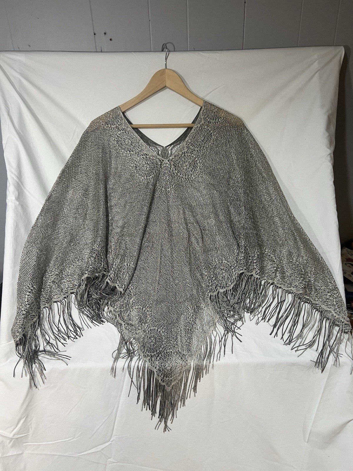 Vintage Fringed Poncho Style Shawl Silver With Black Undertones