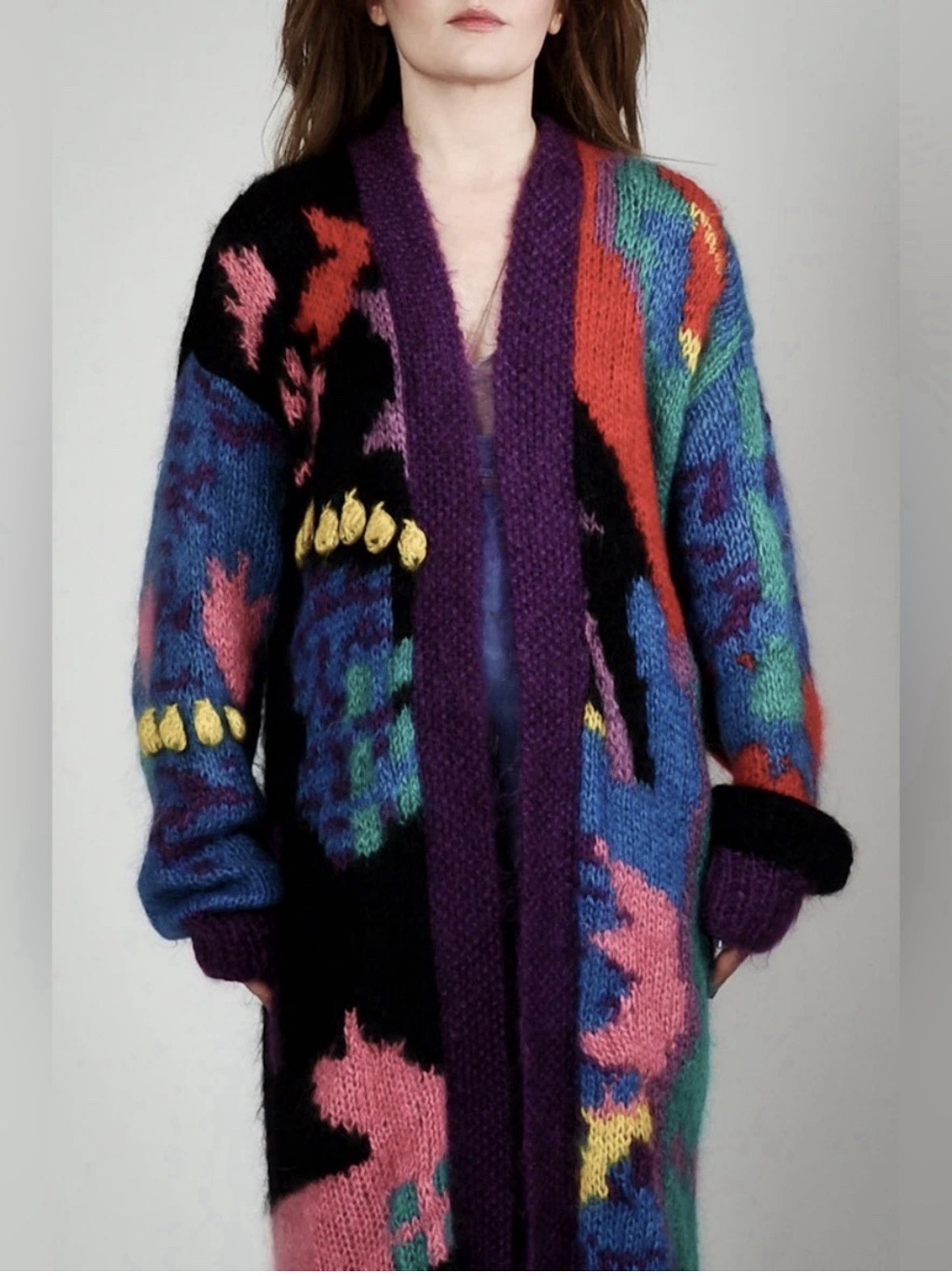 Nannell Vintage 80s Mohair Wool Abstract Maxi Sweater Long Duster Cardigan